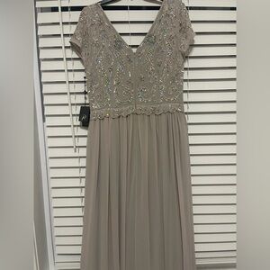 Adrianna Papell Taupe Beaded V-Neck Maxi Dress